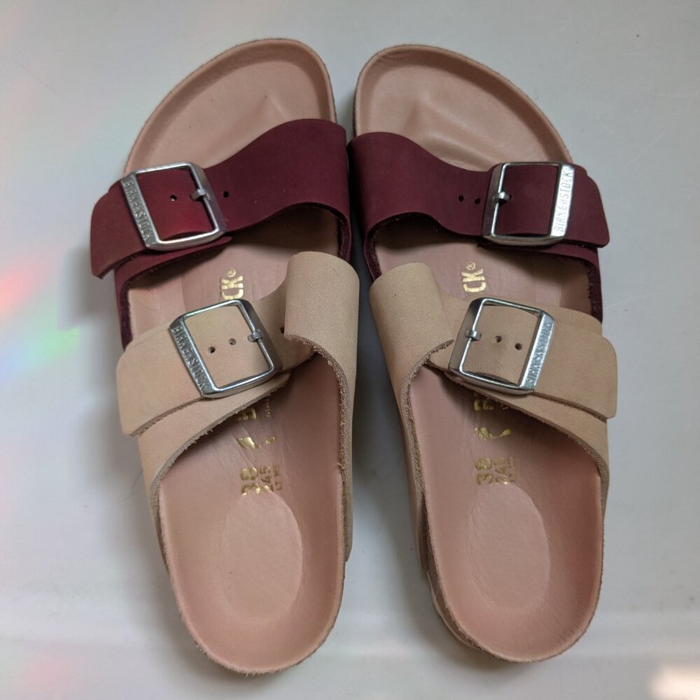 Birkenstock Two-Tone Adjustable Buckle Sandals in Burgundy and Beige - Picture 6 of 13